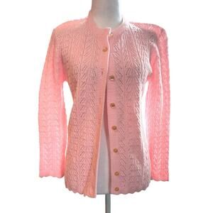 Vintage Pink Granny Cardigan Sweater Sz S Orlon Acrylic Scalloped Hem Preppy